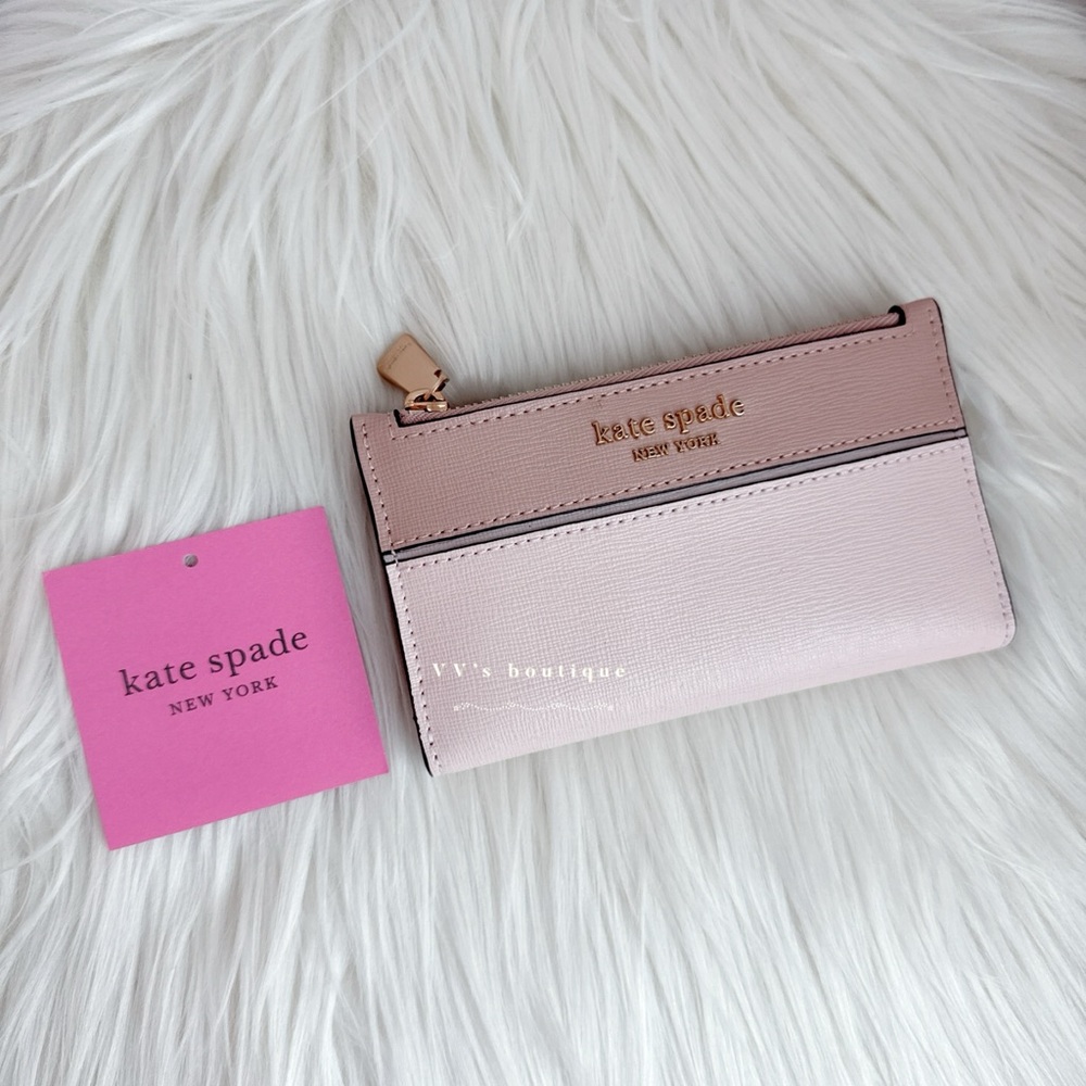 NWT Kate Spade Morgan Colorblocked Small Slim Bifold Wallet Pink Multi K8956